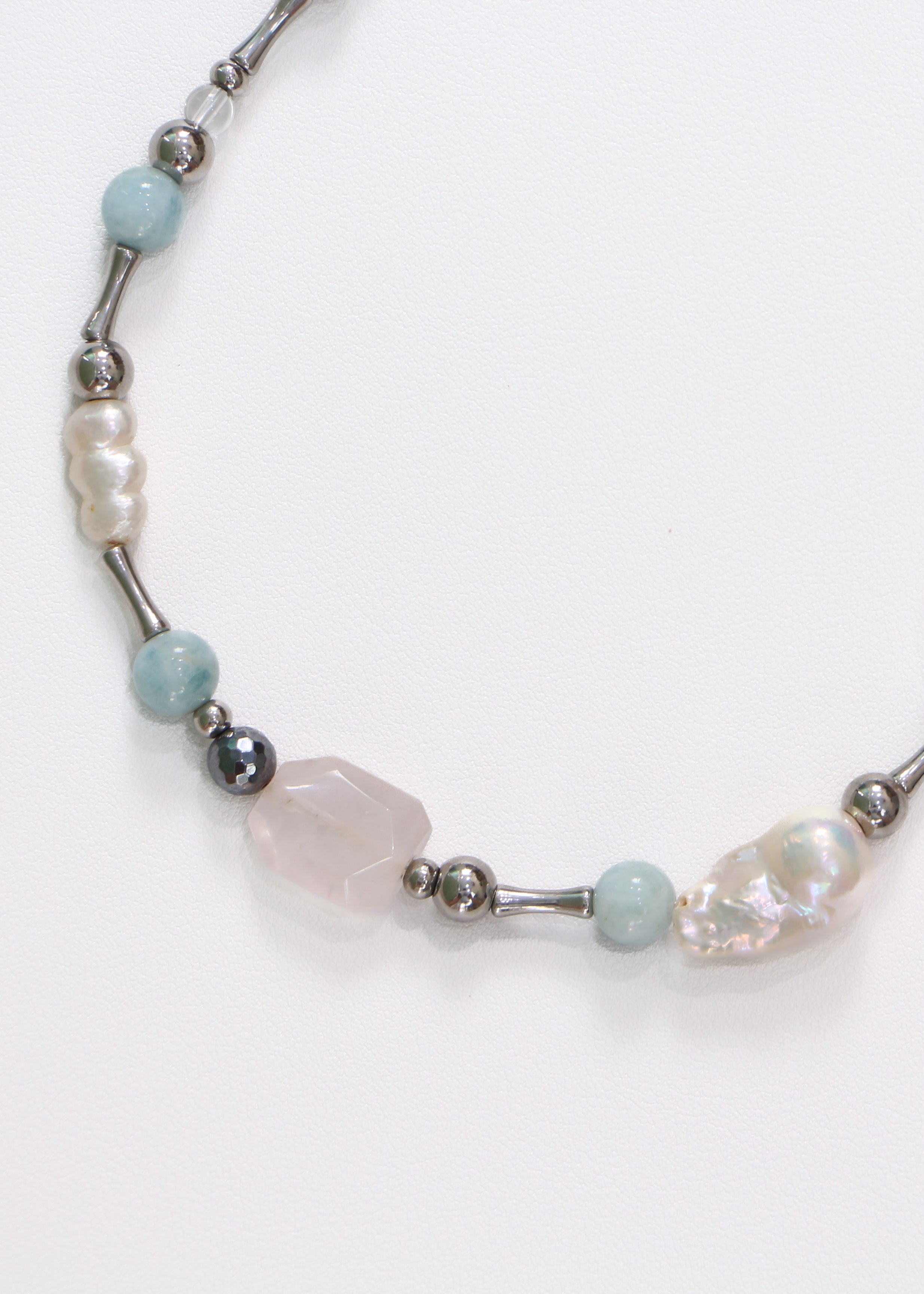 Necklace With Natural Stone Of Quartz, Terahertz, Aquamarin, Barouqe Pearls Ocean Voice